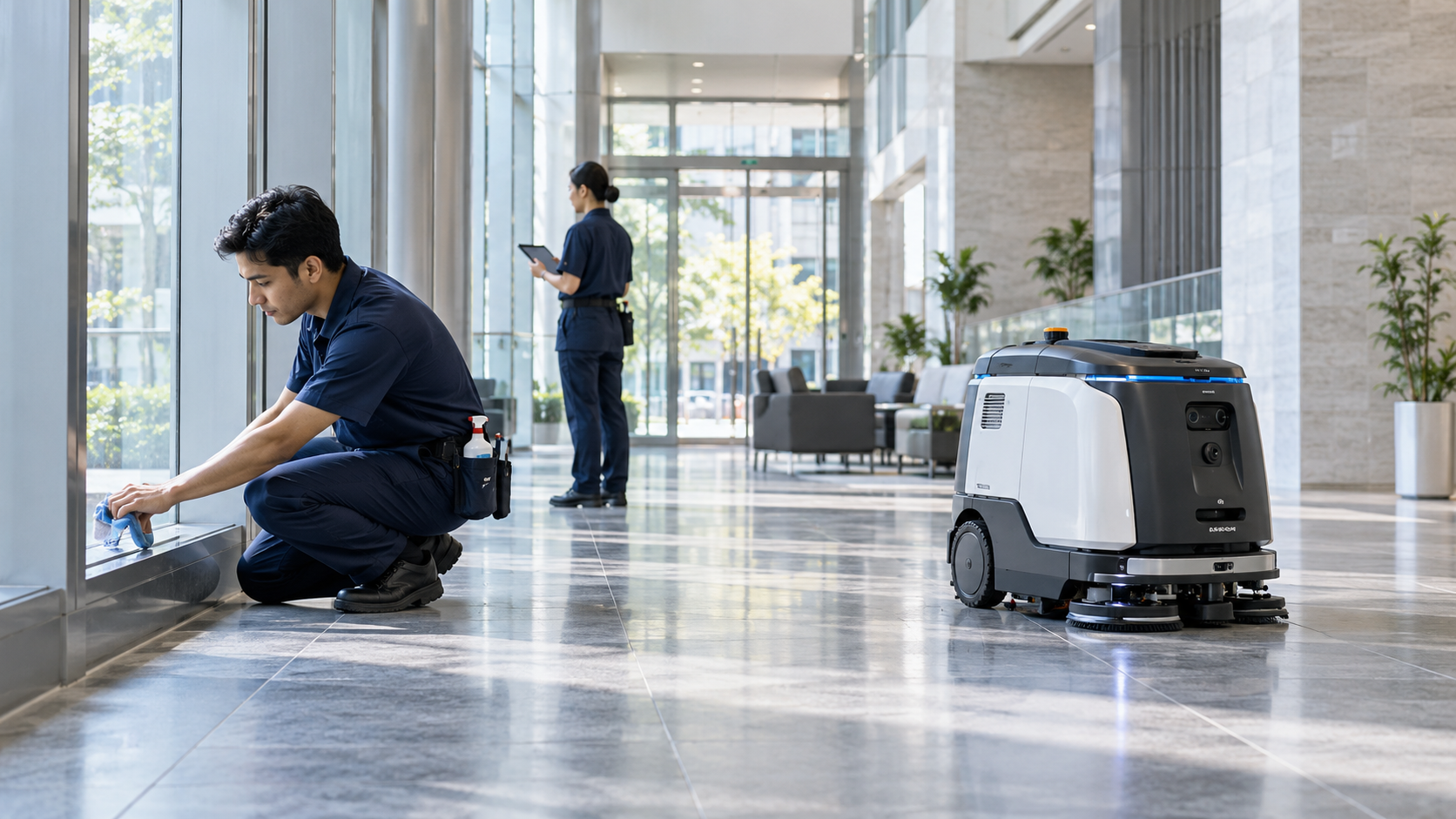 ビルメンテナンスの清掃現場で外国人スタッフと清掃ロボットが役割を分担しながら協働している様子